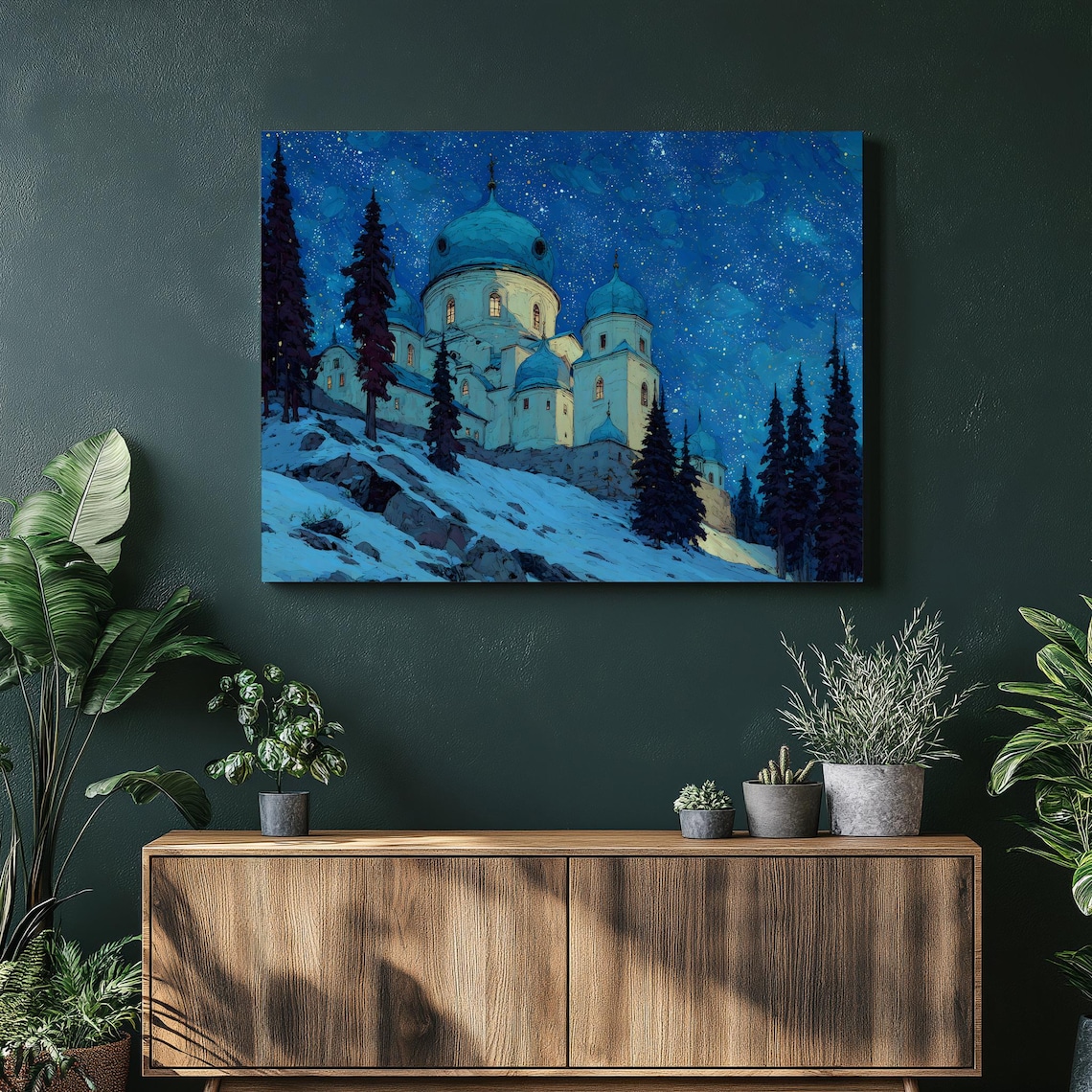 Moonlit Domed Church Cathedral Starry Night Snow Winter Art Poster