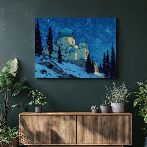 Starry Cathedral Night Canvas Wall Art Moonlit Domed Church On Snowy Hillside Under Star Sky Colorful Blue Landscape Print Winter Decor