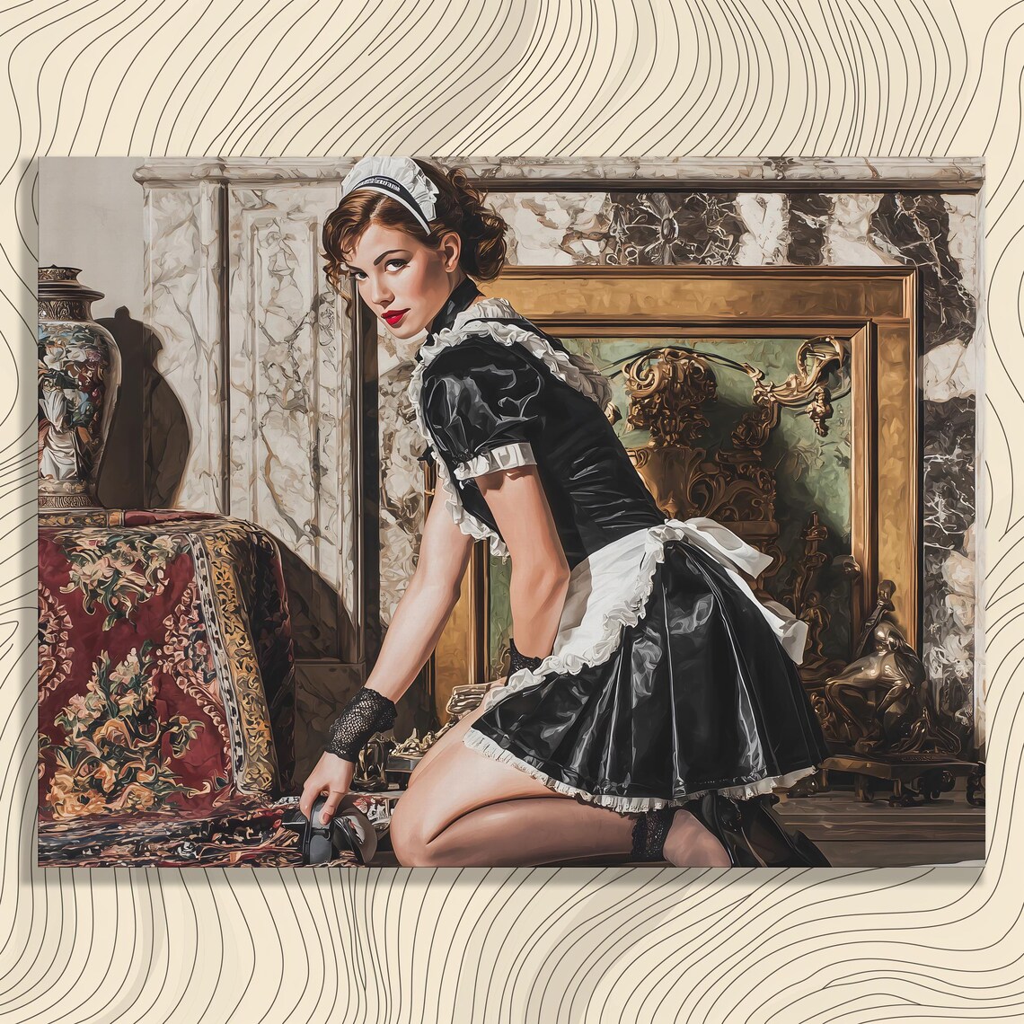Elegant French Maid Marble Fireplace Vintage Realism Portrait Poster