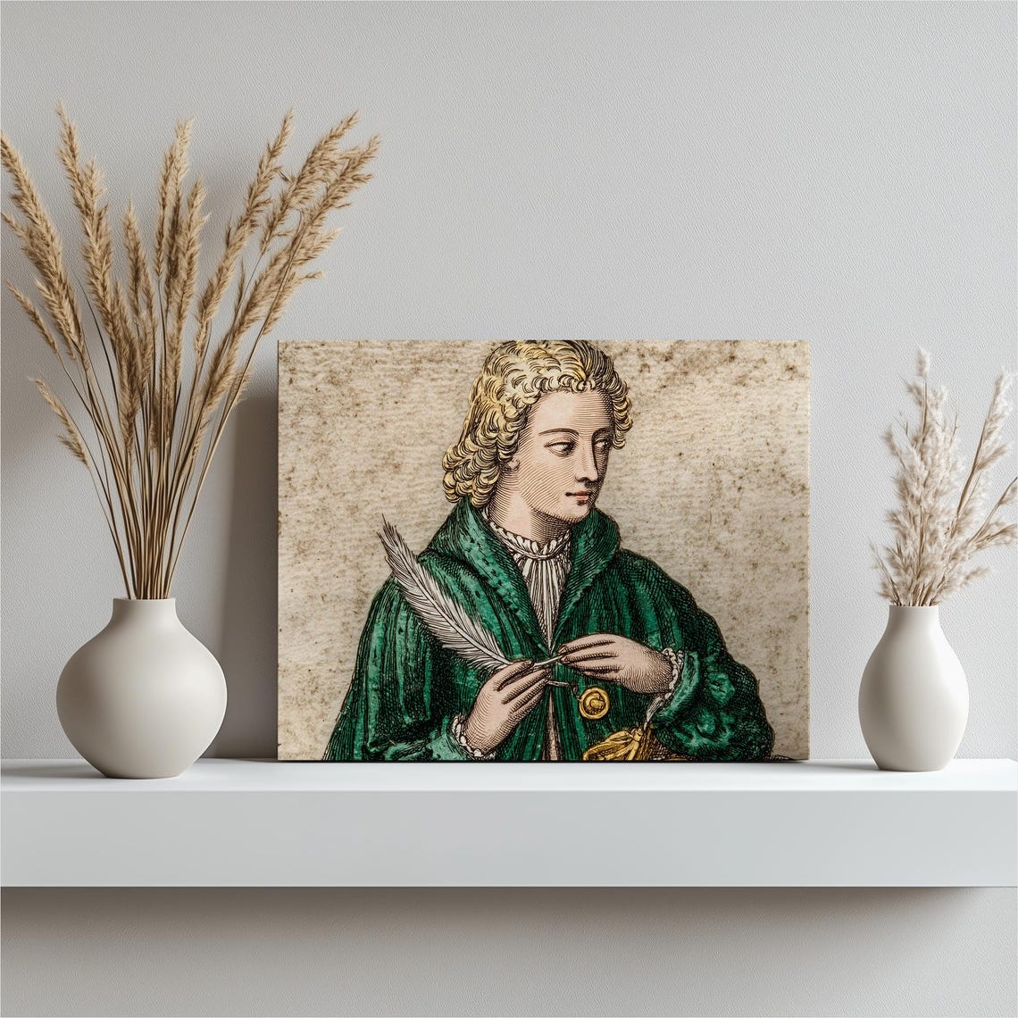 Vintage Scholar Portrait With Quill Poster Antique Engraving Style Art