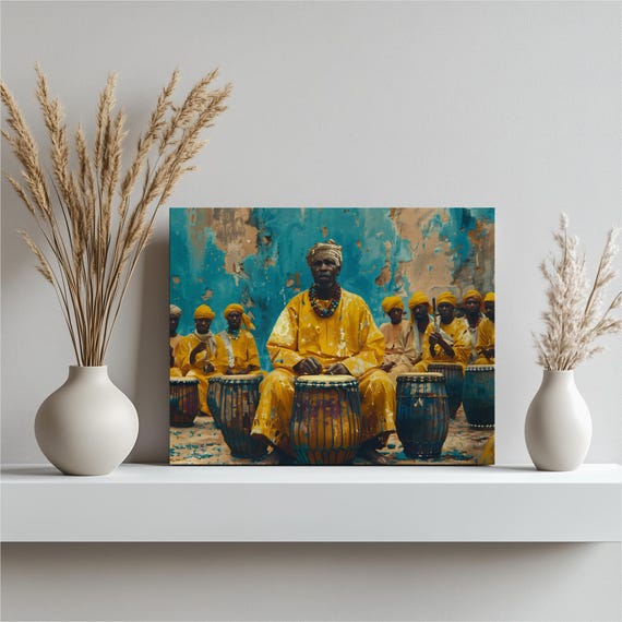 Senegal Canvas Wall Art Vibrant Scenes High Detail Traditional Drumming Poster Nostalgic Dakar Illustration Oil Paint Artwork