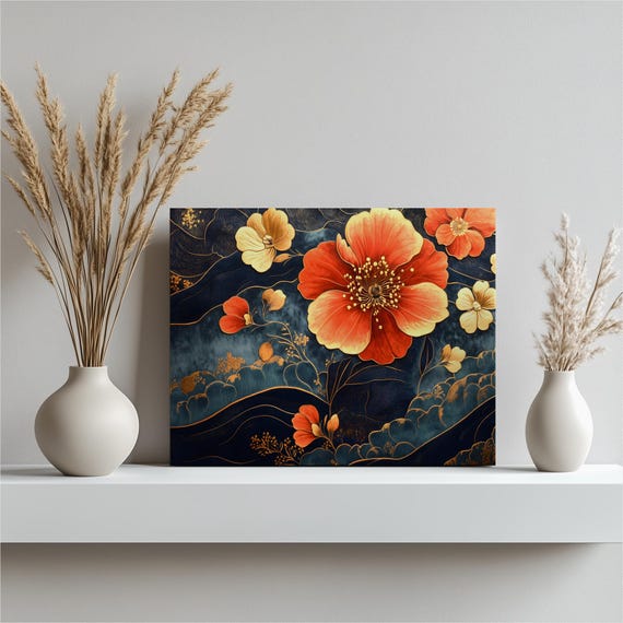 Gilded Poppy Floral Canvas Wall Art Blue And Gold Flowers Luxury Botanical Print Large Statement Elegant Decor Gift