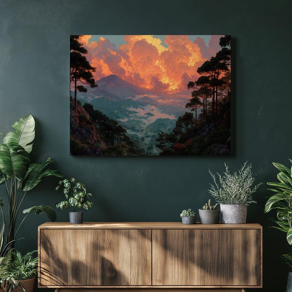 Dramatic Mountain Sunset Canvas Wall Art Colorful Landscape Fiery Clouds Over Volcanic Peak Pine Forest Misty Valley