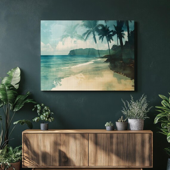 Tropical Beach Palm Trees Turquoise Shoreline Dreamy Coastal Art Poster