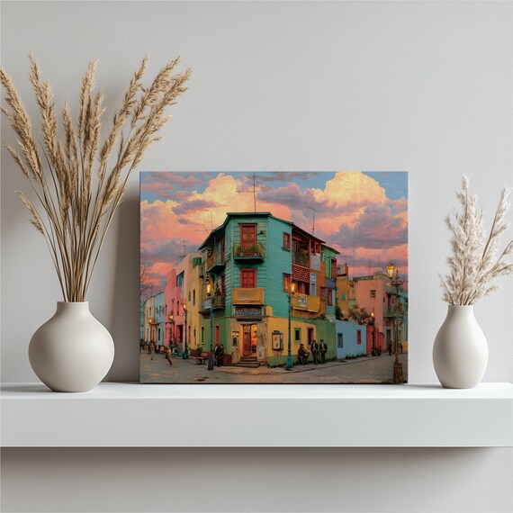 Colorful Buenos Aires Canvas Wall Art La Boca Street Cityscape Brightly Colored Houses Cobblestone Sunset Glow Urban Architecture