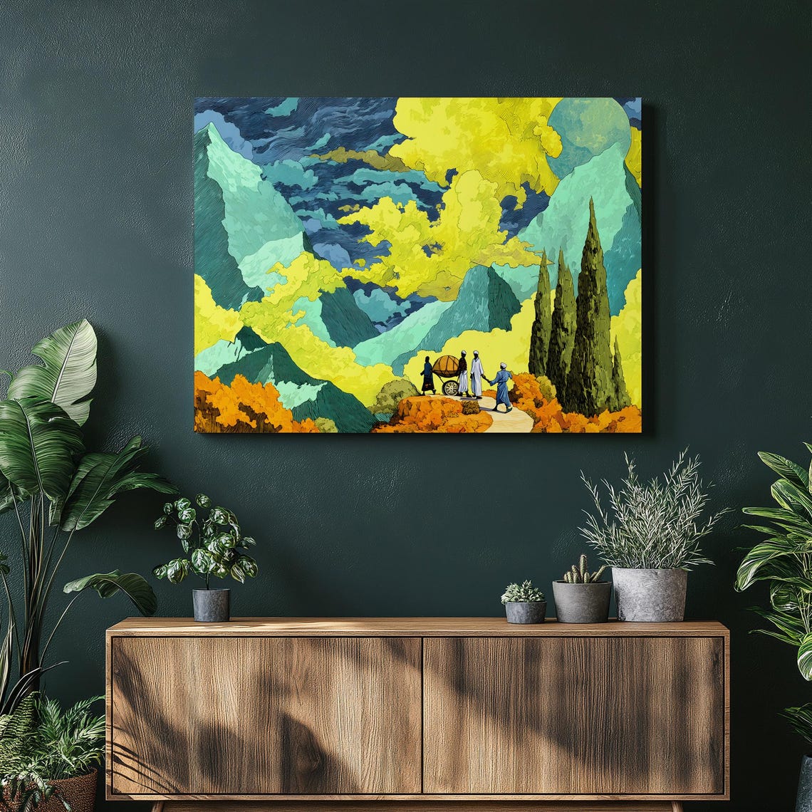 Surreal Mountain Landscape Canvas Wall Art Travelers On A Winding Path Under Swirling Yellow Clouds Teal Peaks And Pale Moon Vibrant