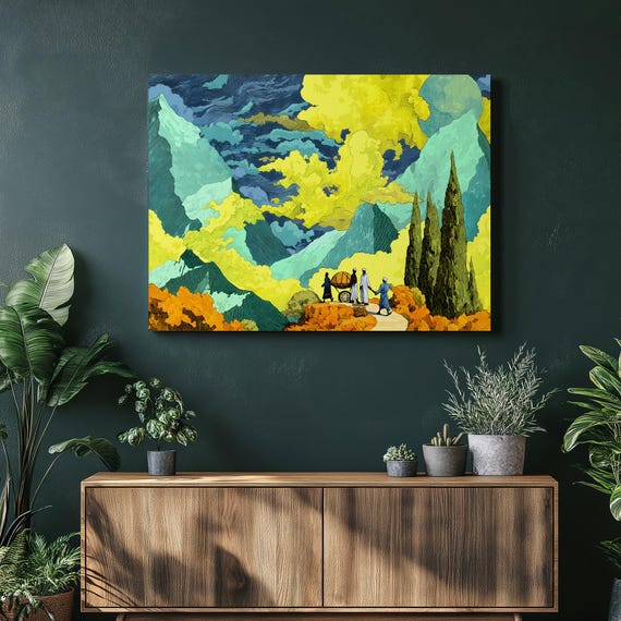 Surreal Mountain Landscape Canvas Wall Art Travelers On A Winding Path Under Swirling Yellow Clouds Teal Peaks And Pale Moon Vibrant