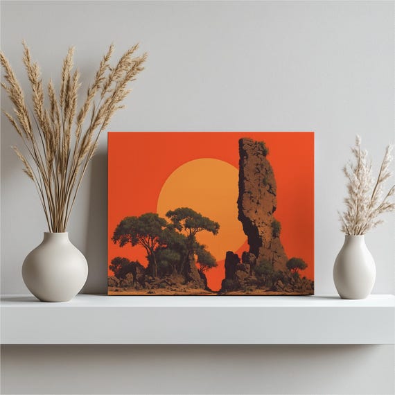 African Sunset Canvas Wall Art Savanna Silhouette Tree Decor Print Rock Landscape Gift Orange Nature Hanging Modern Rustic