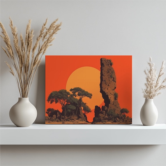 African Sunset Rock Spire Acacia Trees Blazing Orange Sky Art Print