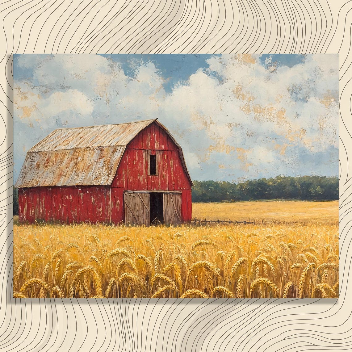 Rustic Old Red Barn Golden Wheat Field Cloudy Sky Farm Poster