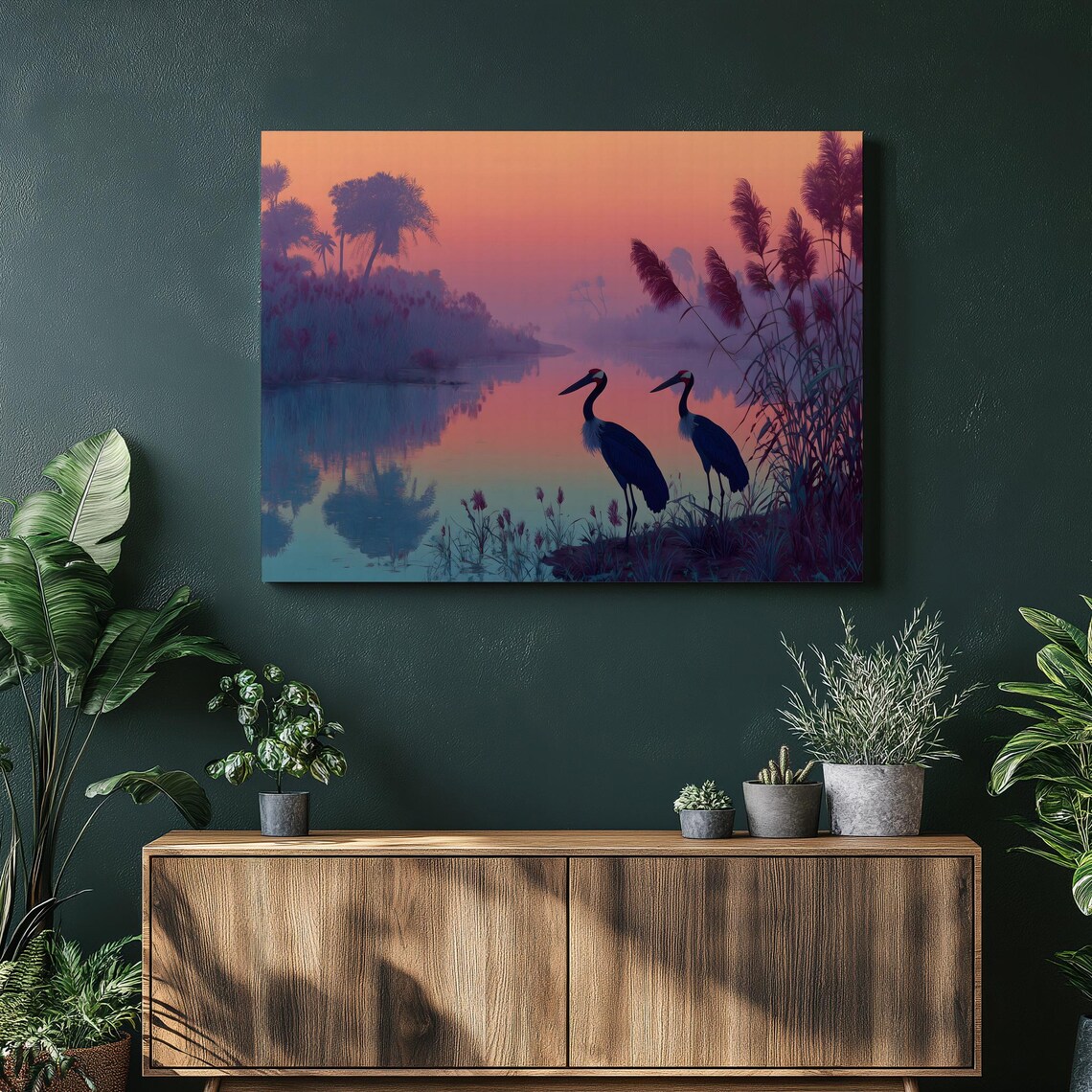 Tropical Sunset Cranes Wetland Coastal Birds Scenic Art Poster