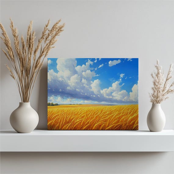 Golden Wheat Field Canvas Wall Art Country Farmhouse Decor Serene Blue Sky Fluffy Clouds Landscape Rustic Countryside Scene