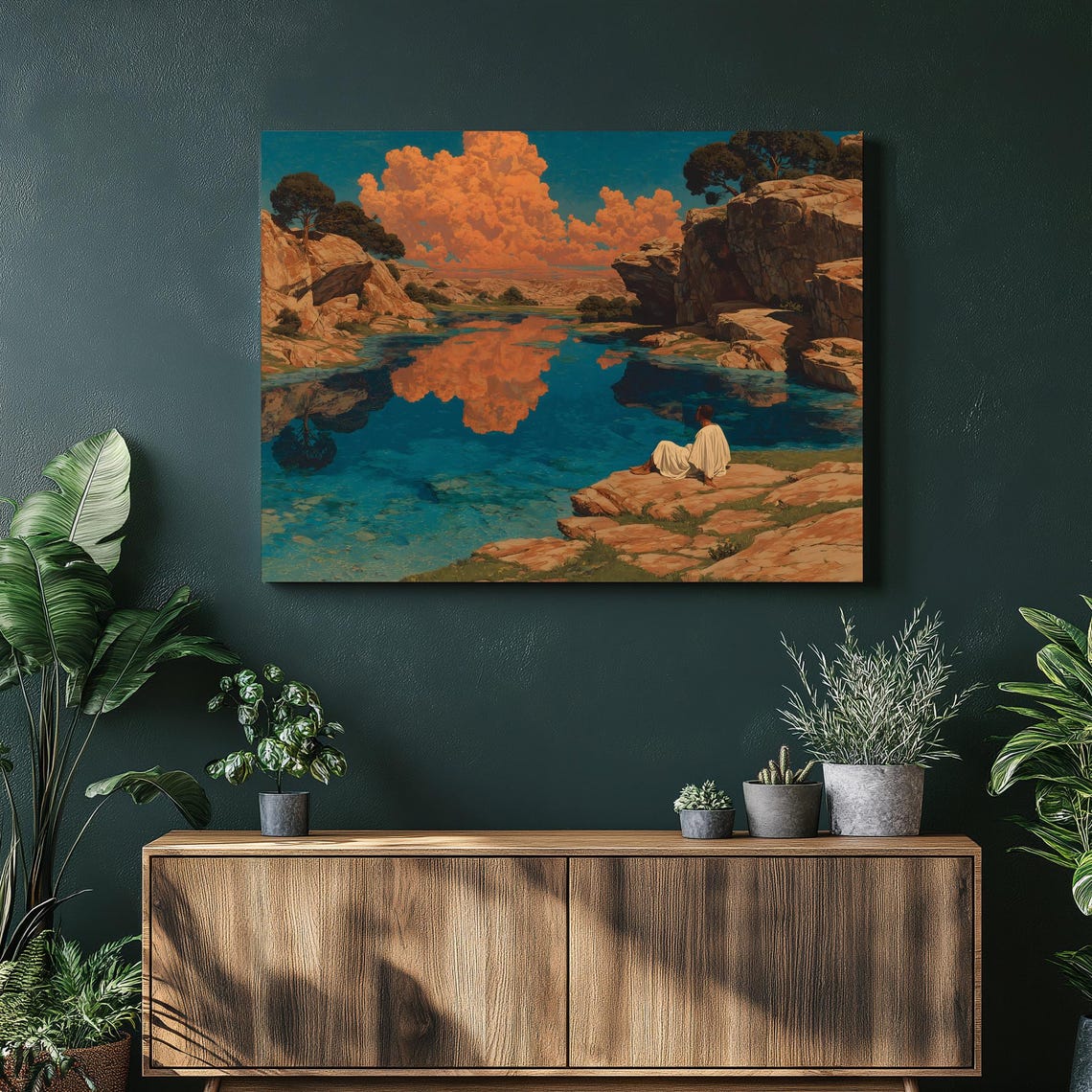 Lakeside Reflection with Seated Figure Rocky Cliffs Romantic Poster