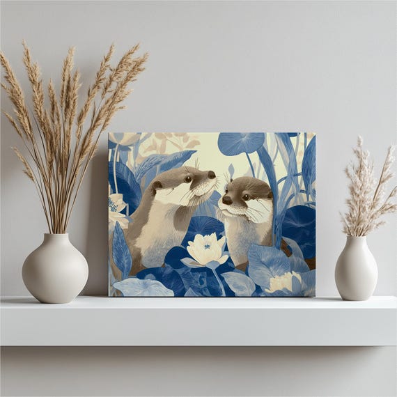 Otter Water Lily Canvas Wall Art Modern Botanical Wildlife Illustration In Blue And Beige Contemporary Nature Decor Ready To Hang Gift