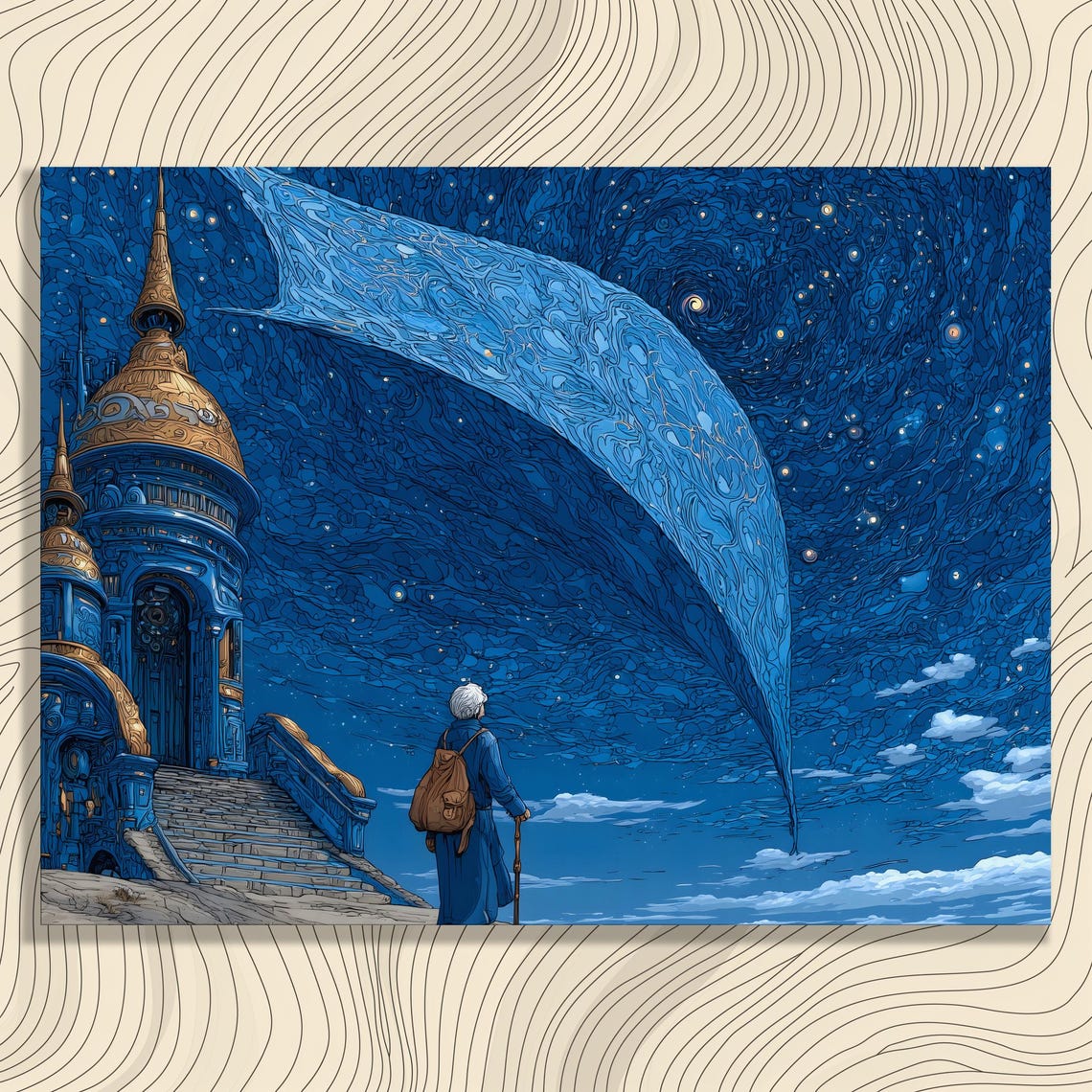 Surreal Night Traveler Starry Crescent Sky Dreamlike Art Poster