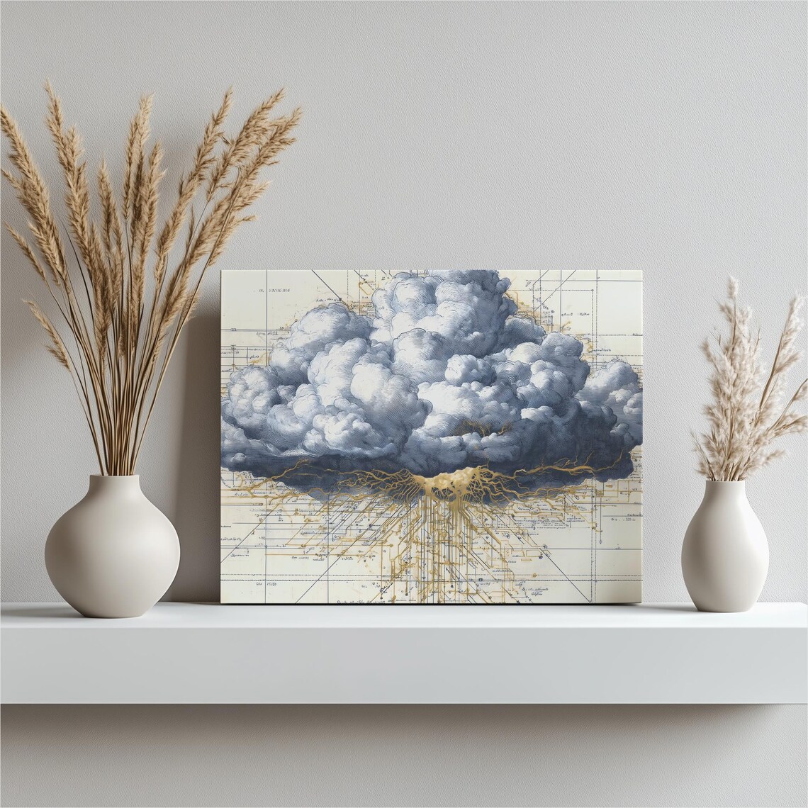 Cloud Blueprint Canvas Wall Art Blue Print Data Illustration Modern Abstract Network Technology Decor Gold Roots Home