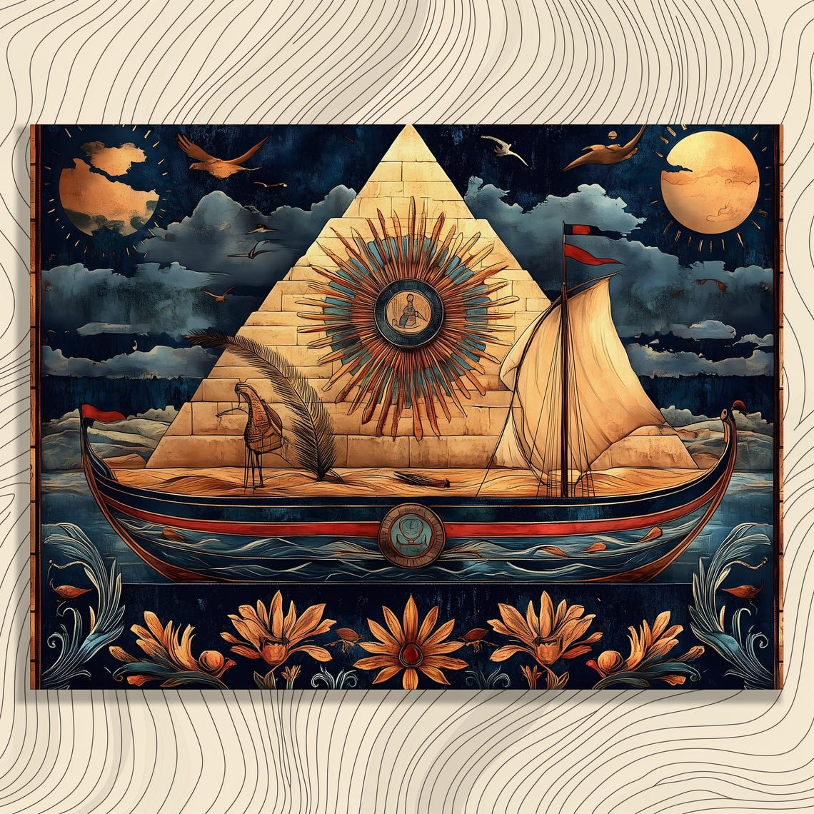 Egyptian Pyramid and Sacred Solar Barque Egyptian Revival Style Poster