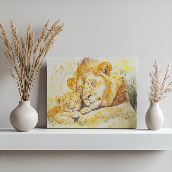 Lion and Cub Sleeping Watercolor Painting Wildlife Canvas Poster