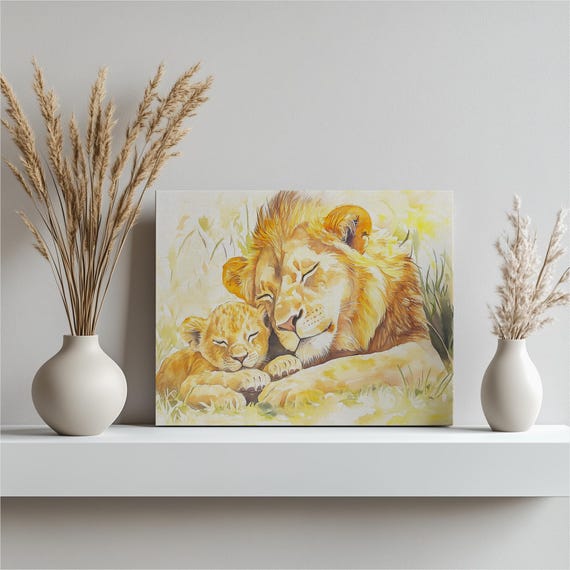 Watercolor Lion Canvas Wall Art Majestic Painting With Cub Animal Wildlife Decor For Home Nursery Office Nature Gift
