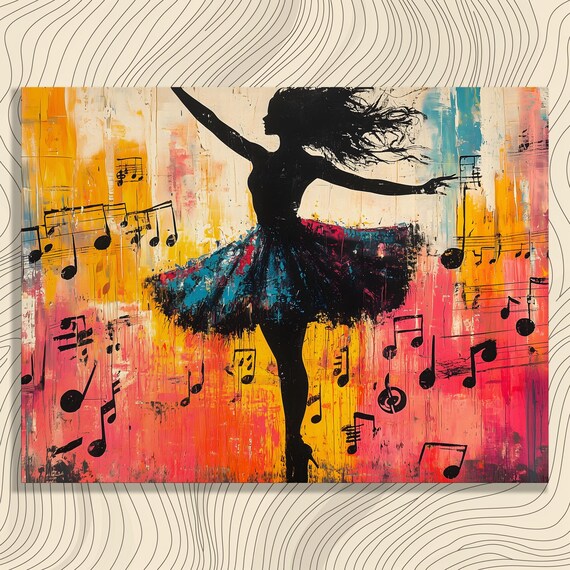 Ballerina Dancer Music Canvas Wall Art Colorful Pop Graffiti Painting With Silhouette Ballet Figure And Floating Musical Notes Abstract