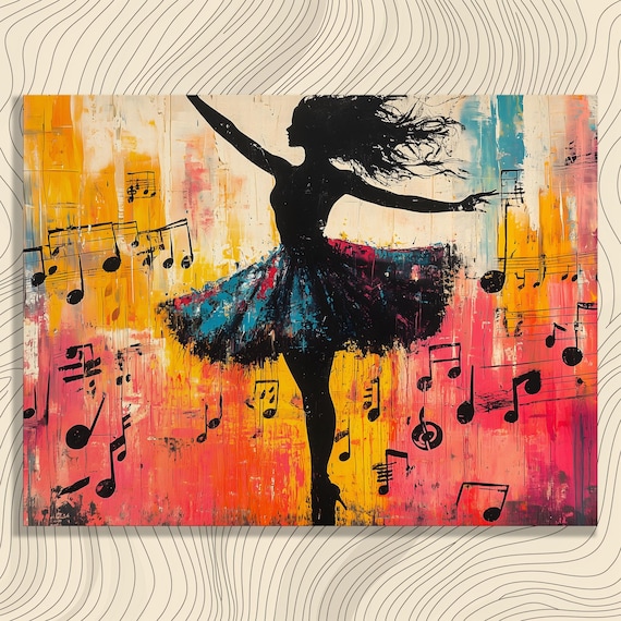 Ballerina Dancer Silhouette Music Notes Colorful Abstract Print