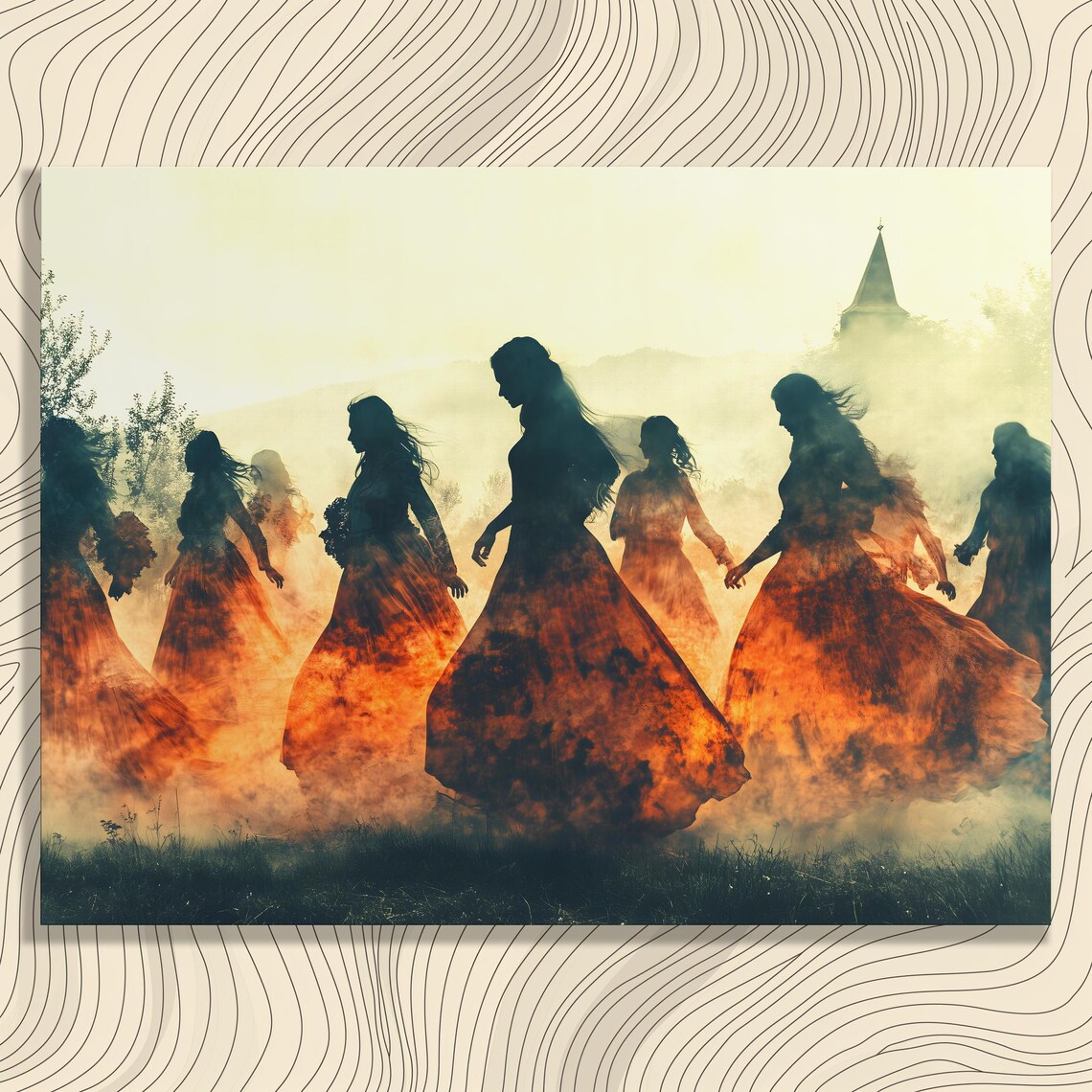 Dancing Women Silhouettes Fiery Dresses Misty Village Wall Art