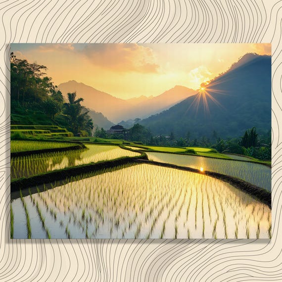 Rice Terraces Sunset Canvas Wall Art Tropical Landscape Print Nature Decor Reflective Water Lush Greenery Countryside Mountain View