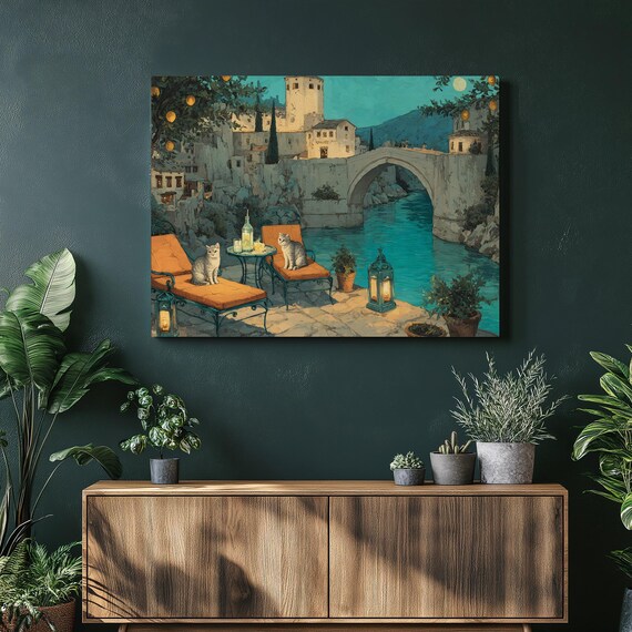 Moonlit Cats Terrace Coastal Night Village Lantern Glow Seaside Print