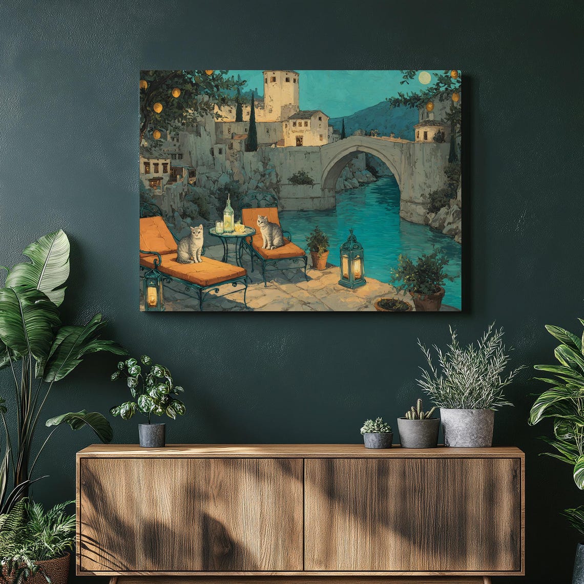 Moonlit Cats Terrace Coastal Night Village Lantern Glow Seaside Print