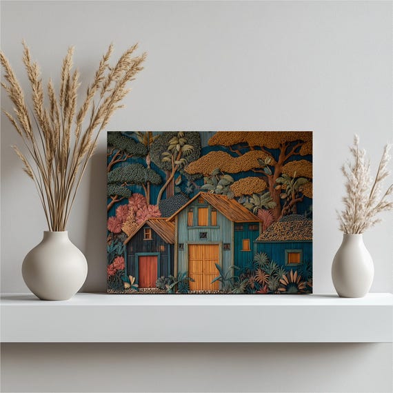 Rustic Barn Village Canvas Wall Art Colorful Tropical Forest Landscape Print Farmhouse Decor Botanical Painting Boho Style Gift