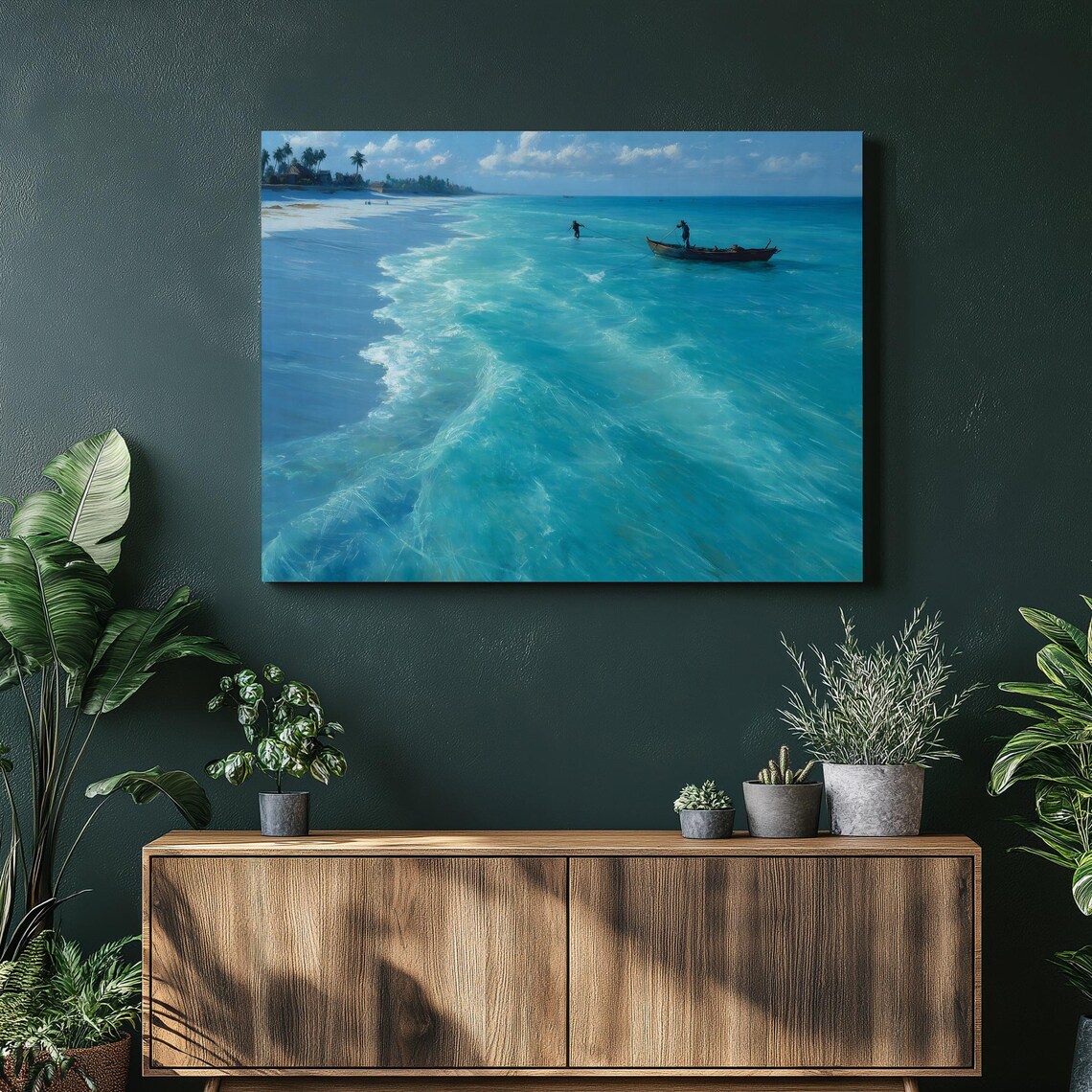 Tropical Beach Aerial Fisherman Boat Turquoise Seascape Canvas Wall Art