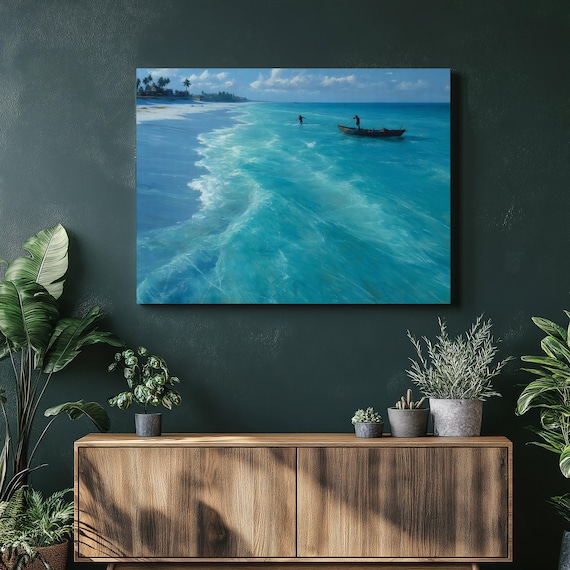 Tropical Beach Aerial Fisherman Boat Turquoise Seascape Canvas Wall Art