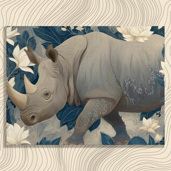 Rhinoceros Botanical Illustration Navy Floral Safari Art Poster