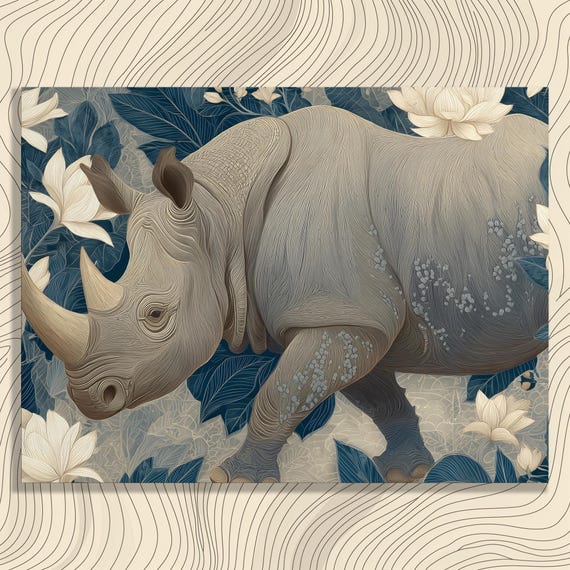Rhinoceros Botanical Modern Canvas Wall Art Wildlife Print Boho Decor Safari Animal Painting Neutral Beige Blue Nature Gift