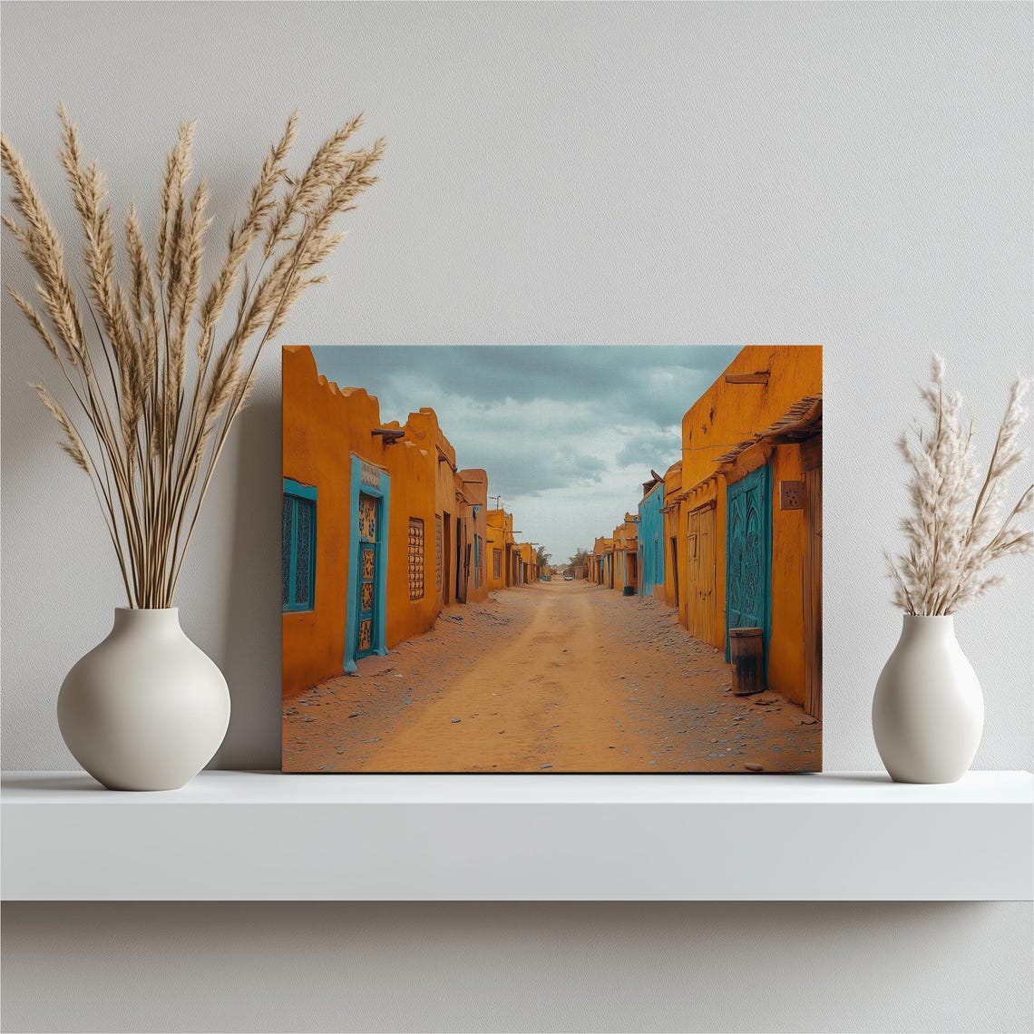 Vibrant Orange Street with Blue Doors and Windows Desert Town Poster