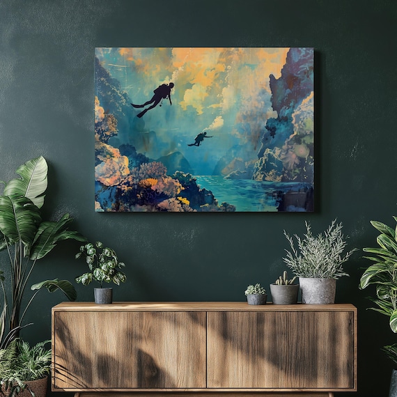 Scuba Divers Coral Reef Underwater Seascape Painterly Wall Art