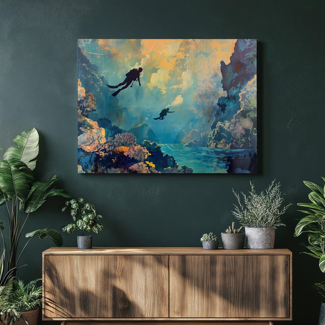 Scuba Divers Coral Reef Underwater Seascape Painterly Wall Art