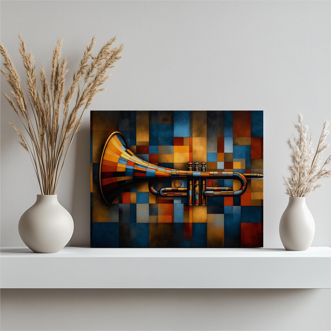 Geometric Trumpet Mosaic Poster Cubist Jazz Music Blue Orange Art