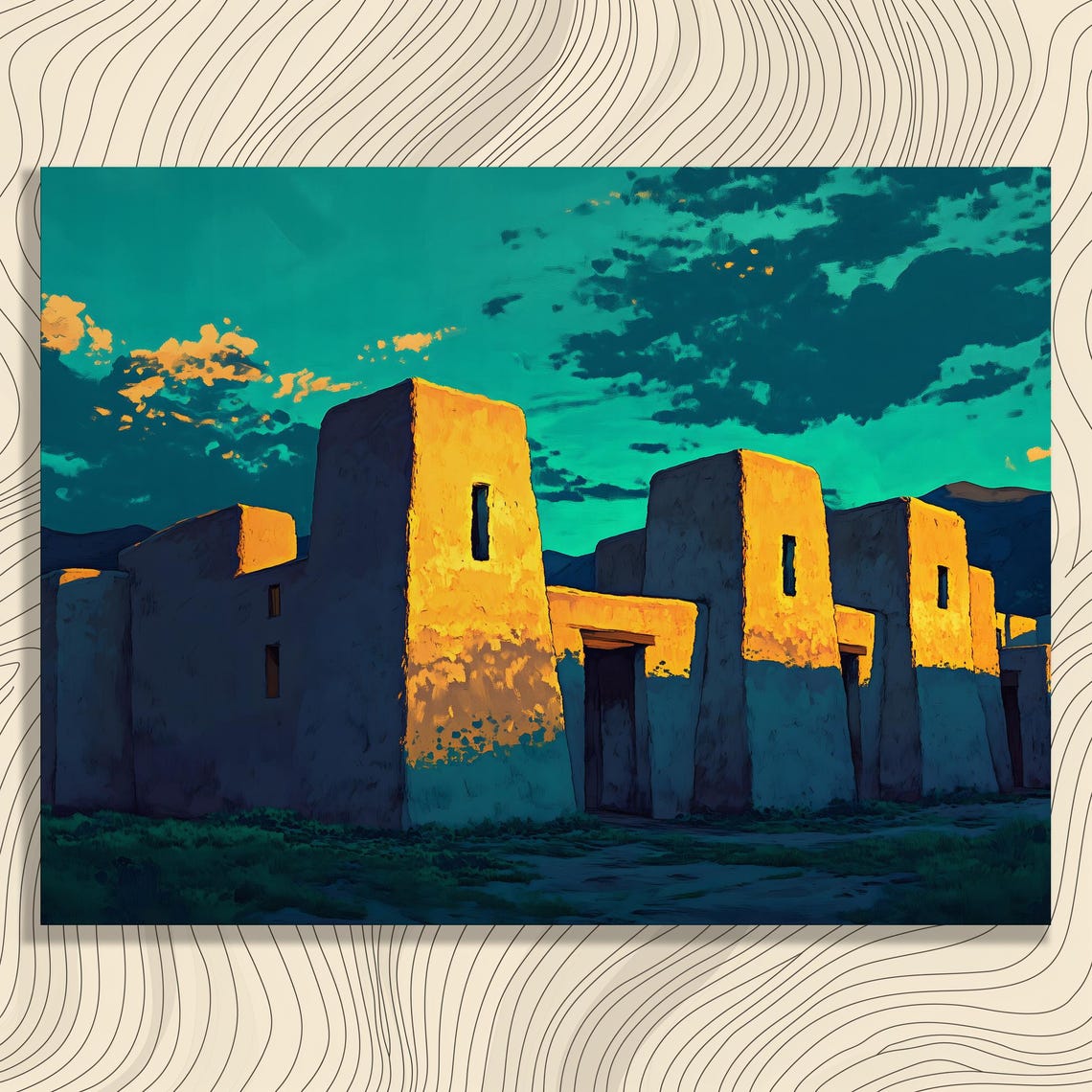 Adobe Sunset Pueblo Desert Architecture Golden Light Art Poster