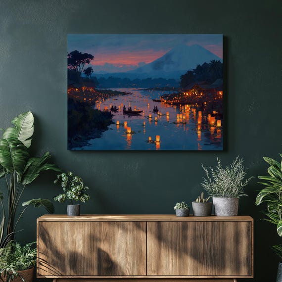 Twilight Lantern Festival Canvas Wall Art Sunset River Reflections With Floating Lanterns Over Mountain Vista Evening Sky Colorful Night
