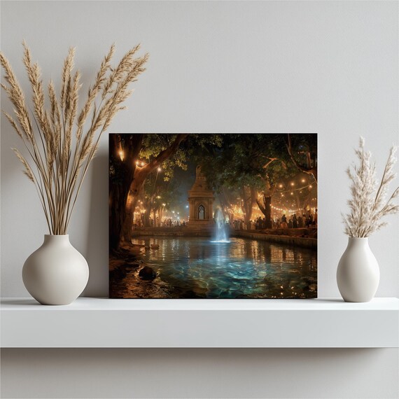 Temple Night Market Canvas Wall Art Dark Moody Fountain And Pond Scene With String Lights Reflections Boho Nightscape Print