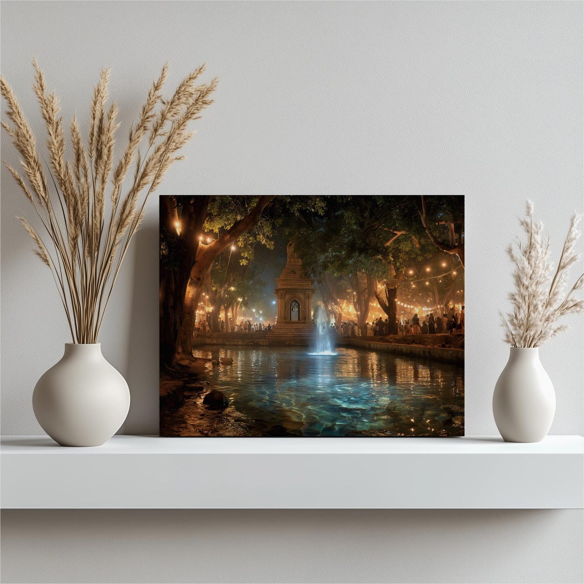Night Temple Shrine Pond Fountain String Lights Painting Poster