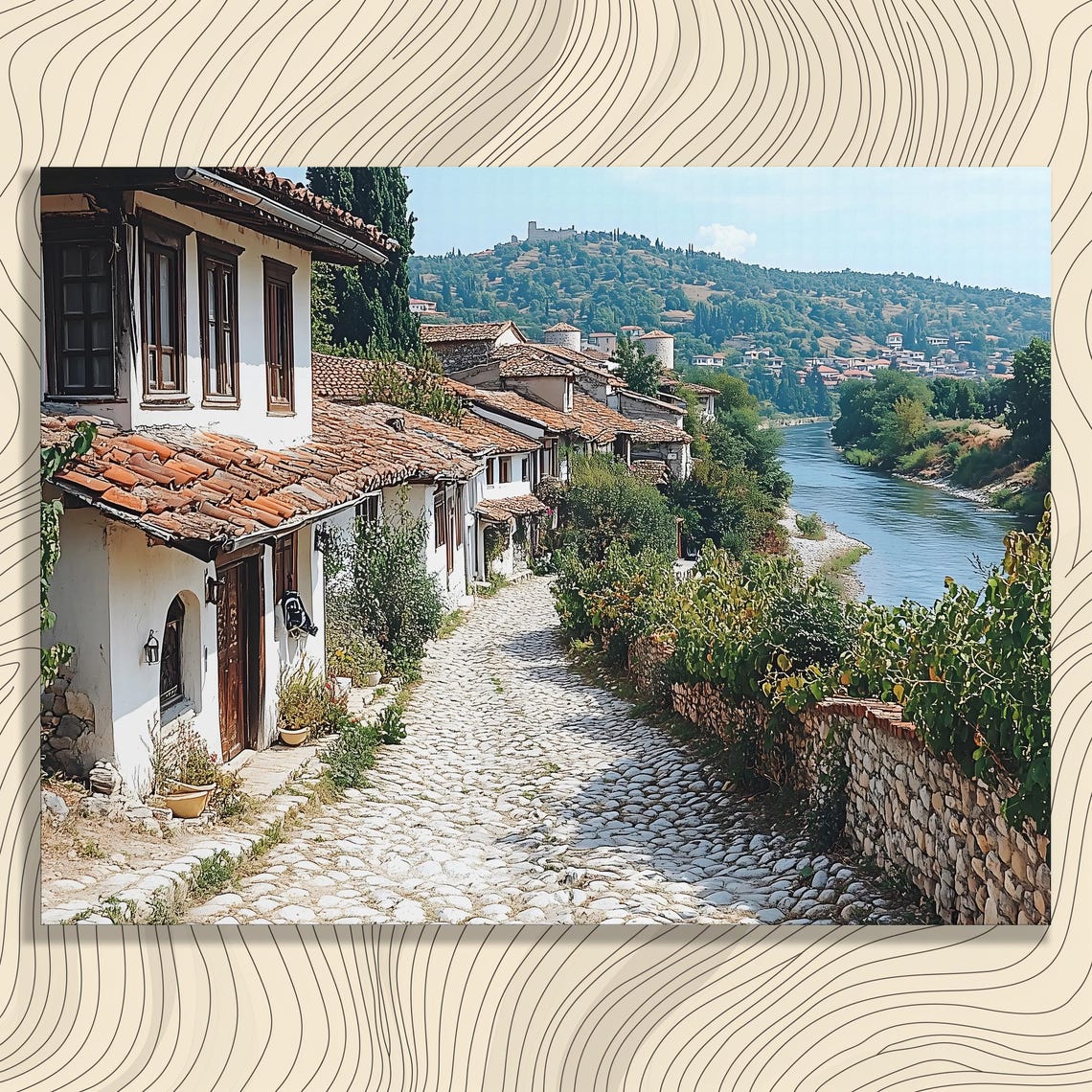 Rustic European River Village Cobblestone Street Canvas Wall Art