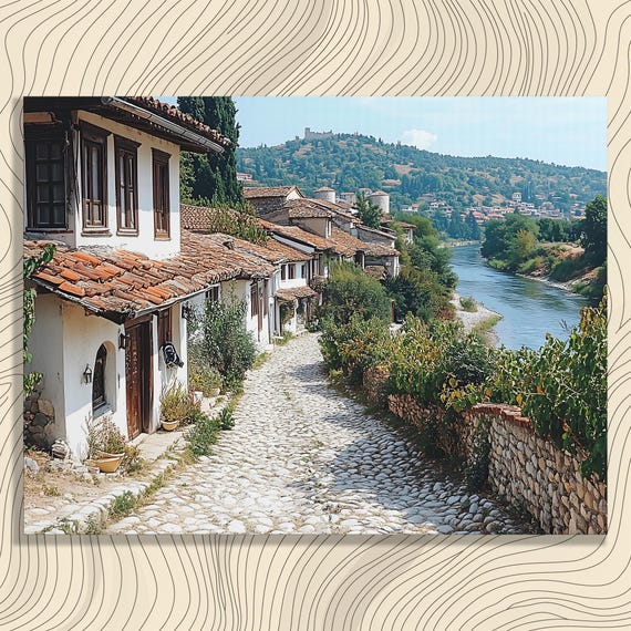 River Village Cobblestone Street Canvas Wall Art Rustic Cottages By The Water Serene Hillside Town Landscape Photography Decor