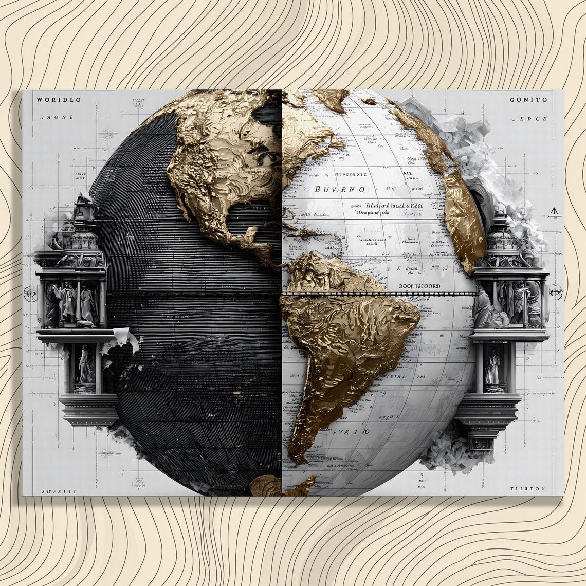 Gold Black World Map Globe Vintage Atlas Modern Canvas Wall Art