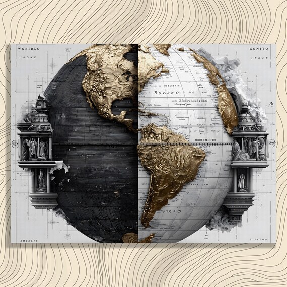 Modern World Map Canvas Wall Art Gold Black Globe Print Contemporary Cartography Geometric Atlas Coordinates Minimal Decor Travel Gift