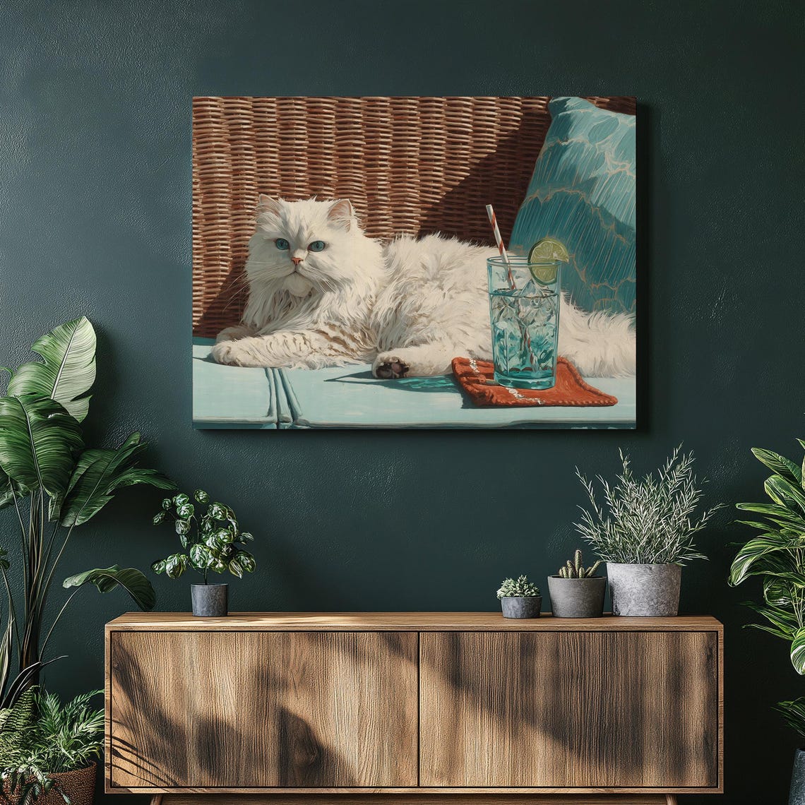 White Persian Cat Lounging Coastal Summer Scene Canvas Art Print