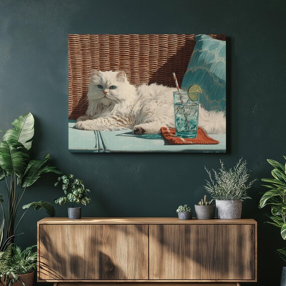 White Persian Cat Lounging Coastal Summer Scene Canvas Art Print