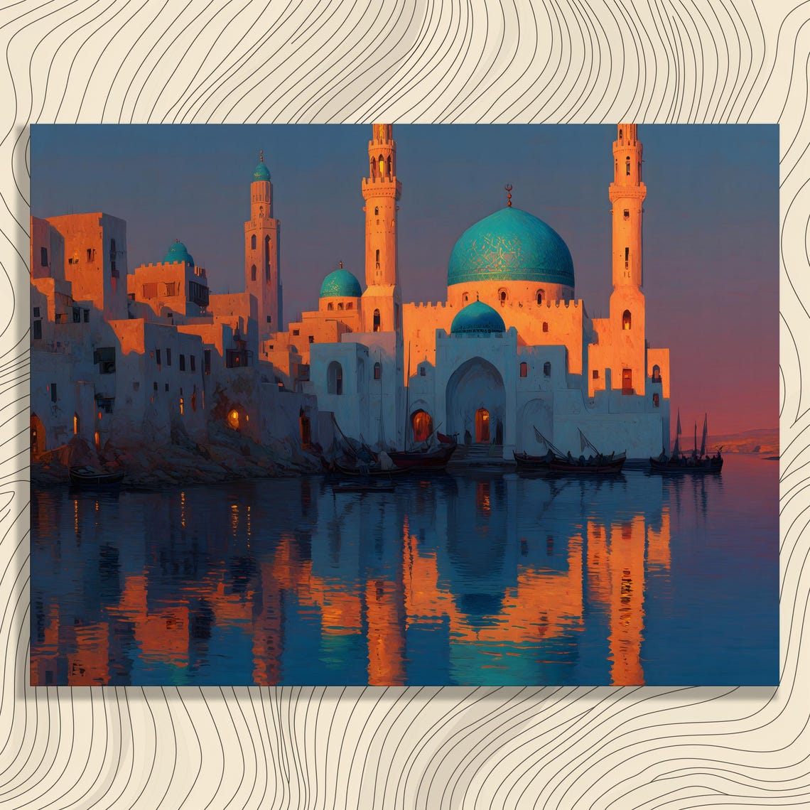 Middle Eastern Waterfront Mosque Domes Dusk Reflection Art Poster