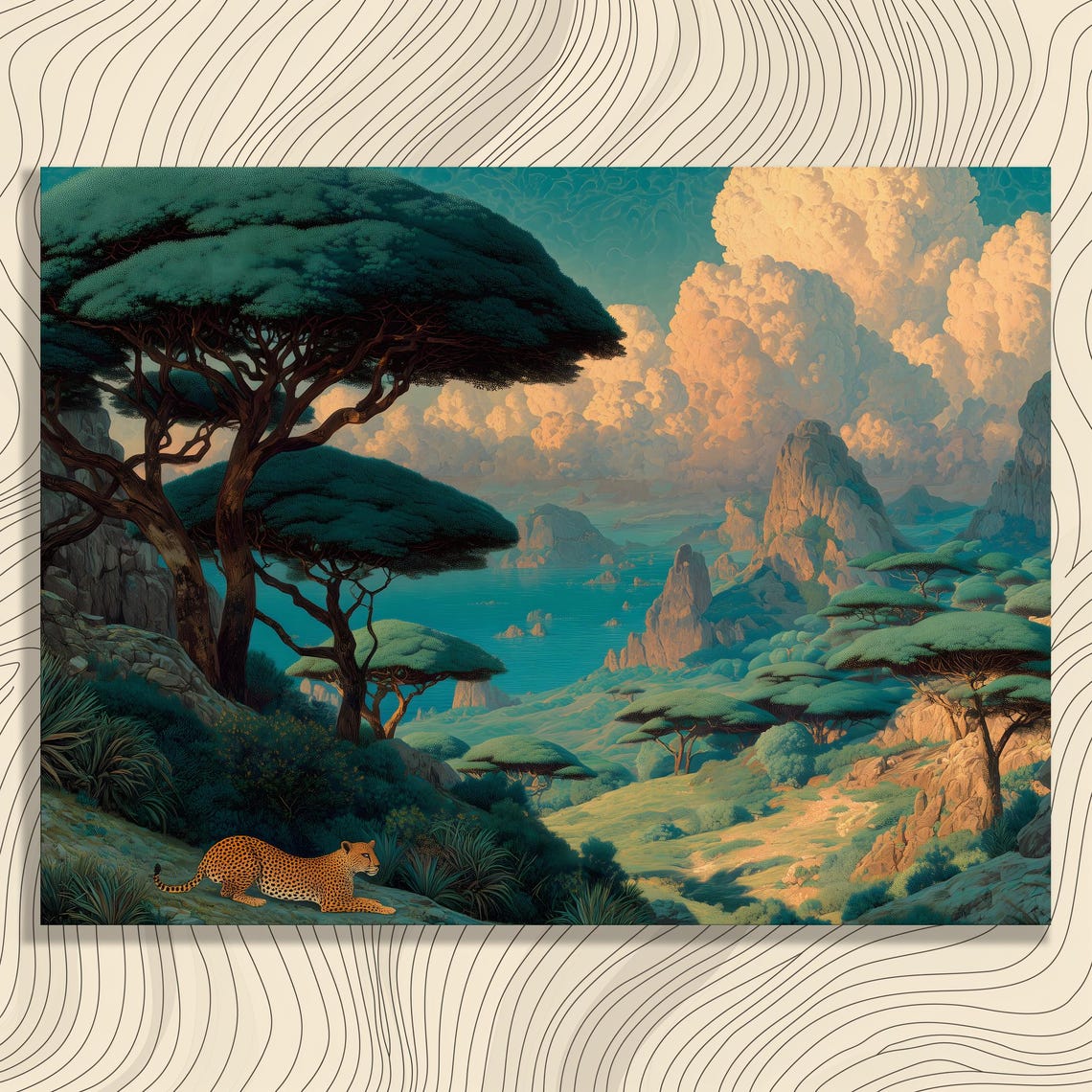 Cheetah Resting in Lush Valley Umbrella Trees Dreamy Safari Art Poster